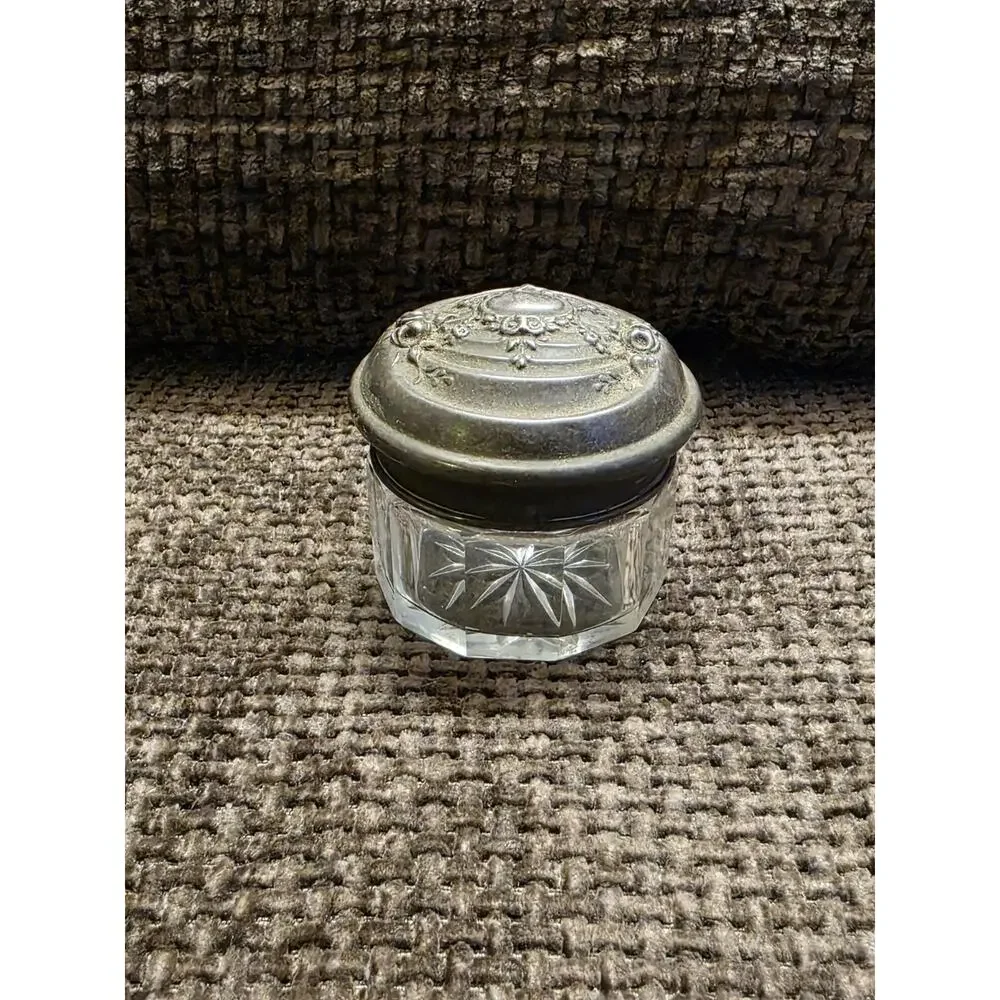 Antique STERLING SILVER & CRYSTAL Powder Jar Vanity Victorian 19th C. 1800s